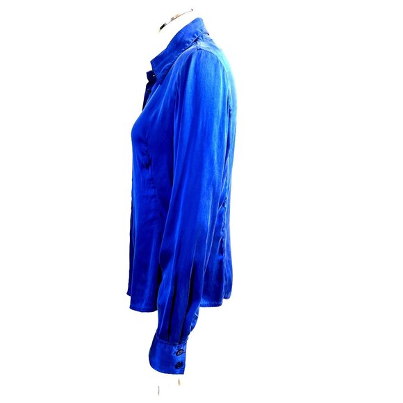 Apostrophe Petites Silk Spandex Blend Royal Blue Button Up Long Sleeve Blouse Sz - Picture 4 of 10
